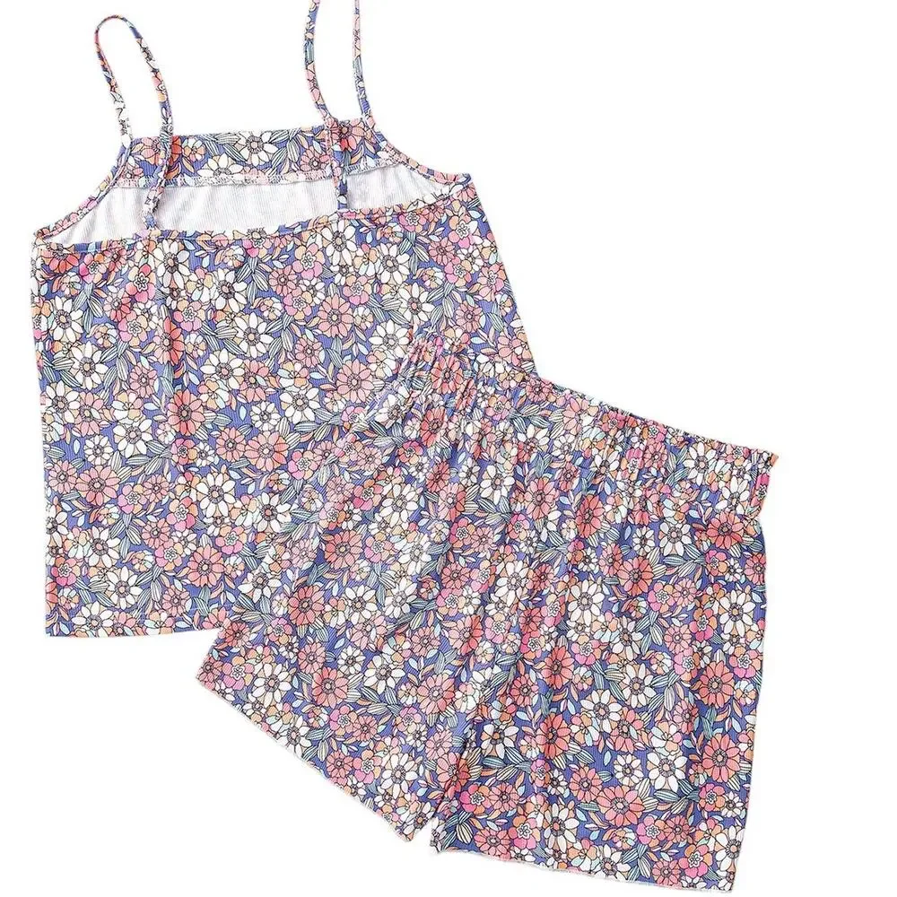 Sky Blue Floral Print Spaghetti Straps Tank Top and Shorts Set New S, L, XL